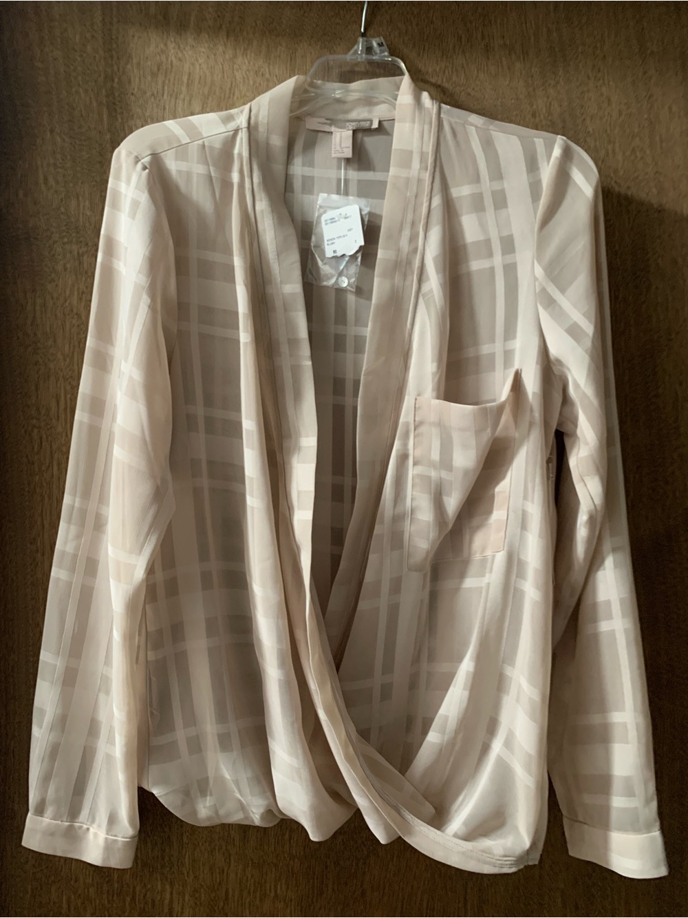 Forever 21 Contemporary Cream/Beige SemiSheer Plaid Surplice Drape Front Blouse